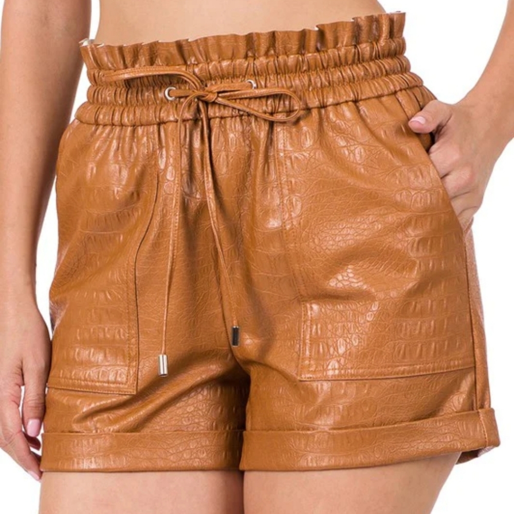 Faux Crocodile Leather women's shorts camel brown
